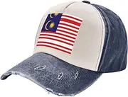 [YANYU] Malaysia Flag Print Fashion Washed Distressed Baseball Cap Vintage Adjustable Hat with Classic Brim, Navy Blue, One Size