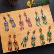 Ethnic Bohemian Bronze Color Opaque Rhinestones Tassels Dangle Hook Earrings