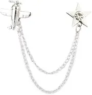 [A N KINGPiiN] Silver Airplane With Hanging Chain And Stone Star Detail Lapel Pin Badge Coat Suit Wedding Gift Party Shirt Collar Accessories Brooch for Men ,A11