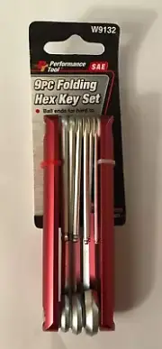 PERFORMANCE TOOL 9PC FOLDING HEX KEY SET BALL END SAE STANDARD W9132 ALLEN WRENC