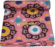 Beautiful Indian Handmade Kantha Quilt, Pink Floral Pattern, Traditional Cotton Blanket with Decorative Stitching Size (King 108" x 108")