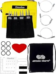 [ChiaoGoo] Twist Red Lace Shorties 3-Inch Large Yellow 7230-L Interchangeable Knitting Needle Set, US 9, 10, 10.5, 11 Stainless Steel with 3 Swiv360 Cables Bundle with 1 Artsiga Crafts Project Bag