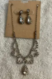 Rhinestone Bib Necklace Silver Tone, Dangle Earrings Michelangelo Wedding attire