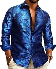 [Barry.Wang] Mens Dress Shirts Silk Luxury Paisley Big and Tall Long Sleeve Shirt Business Wedding Party Red Black S-3XL