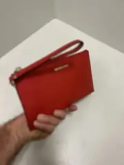 MICHAEL KORS LADIES LARGE TOP ZIP POUCH CLUTCH LEATHER WRISTLET WALLET BAG RED