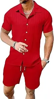 [Maiyifu-GJ] Men's Cotton Linen Set Outfits 2 Piece Short Sleeve Shirts and Shorts Sets Summer Casual Beach Linen Suit, Red, Small