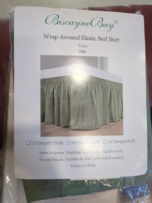 Biscayne Bay Twin Bed Skirt Wrap Around Elastic Sage 15" Inch Drop