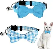 2 Pcs Boy Cat Collar with Bell Breakaway Cat Collars Cute Kitten Bow Tie Collar Adjustable Small Puppy Safety Collar Solid Color Plaid Pet Collar (Blue)