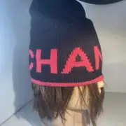 CHANEL BLACK PINK CASHMERE WOOL BLEND KNIT HAT CAP BEANIE