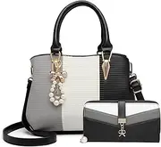 [Miss Lulu] Women Designer Top Handle Bag Fashion Colour Block Shoulder Bag with Pearl and Crystal Style Drop