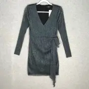 Aidan Mattox Dress Women 4 Teal Black Wrap Shimmery Metallic Party Cocktail $175