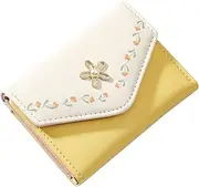 [Generic] Women Girls Wallet Cute Flower Tri-Fold Wallet PU Leather Purse Slim Short Wallet Small Trifold Cash Card Holder Bag (Yellow, One Size)