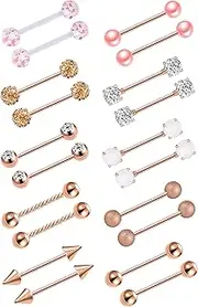 [Tornito] 10 Pairs Nipple Rings 14G Stainless Steel Ball CZ Cat Eye Stone Pearl Cone Barbell Tongue Rings Straight Nipple Bars Body Piercing Jewelry for Women 16mm Rose Gold Silver Tone