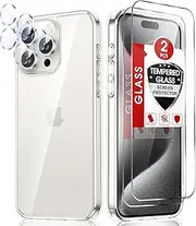 LeYi for iPhone 15 Pro Max Case: with 2 PCS Tmepered Glass Screen Protection & 2 PCS Camera Lens Protector, Anti-Yellowing Translucent Military-Grade para iPhone 15 Pro Max Case Clear