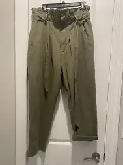 NWT 7 For All Mankind L Paperbag Tie Waist Pants Army Olive Green Cotton Pockets