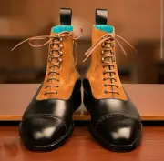 NEW-Handmade Men Two Tone Suede & Leather Cap Toe Black & Tan Ankle High Boots