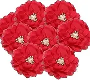 uxcell 3.15 Inch Chiffon Flowers, 10 Pcs Fabric Flowers Rhinestone Pearl Large Camellia Sewing Appliques for DIY Crafts Dresses Clothing Headbands Wedding Party Decoration, Red