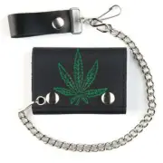 GENUINE LEATHER LARGE POT LEAF TRI-FOLD MEN'S WALLET W SNAP ON CHAIN 531 folding