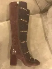CHANEL 17B Quilted Suede Tweed Chain Zip Knee High Tall Patent Heels Boots $2100