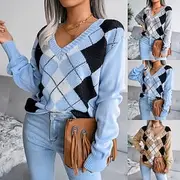 Women's Sweater Pullover Casual Plaid Ribbed V Neck Knitted Long Sleeve Regular Tops Knit Holiday Going out Weekend Blue Khaki Fall