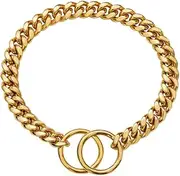 18K Gold Chain Dog Collar 10MM Cuban Link Chain Stainless Steel Metal Links Walking Training Collar Choker for Small Medium Large Dogs 12in to 26in (14“(Neck Fits 10"))