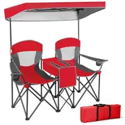 Giantex Double Sunshade Folding Chair Outdoor 2-person Camping Chair w/Sun Protective Canopy & Storage Bag for Beach Park Backyard Patio Red