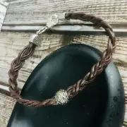 Double Braided Brown Leather Cord Silver Button Clasp Bracelet Large