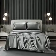 ForZzz 2000TC 4 Pieces Art Silky Satin AU Size Bedding Sheet Set/Silk Satin Pillowcase Fitted Flat Sheet Set/Deep Pocket Luxury Stain-Resistant Wrinkle Free (King Single,Gray)