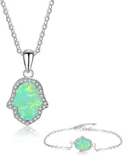[Generic] Opal Necklace Bracelet Set for Women Hamsa Hand Bracelet, one size, Copper, Cubic Zirconia