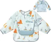 Long Sleeve Bib with Silicone Catch Pocket, Waterproof Feeding Bibs for Toddlers, Machine Washable, Baby Smock Bib for Mealtime & Playtime
