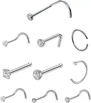 [BNREOZA] 10 Pieces 316L Surgical Steel Nose Ring Nose Stud Earrings, L-Shaped Piercing Nose Screw Nose Ring for Women Girls Stainless Steel