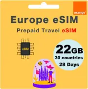 Europe Prepaid Travel Esim - Orange Spain – 25GB/50GB/100GB Data in Spain, 11...