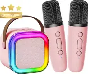 Kids Karaoke Machine 2 Wireless Microphones Bluetooth Speaker LED Lights Pink