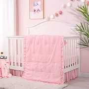 Cloele 3 Pieces Crib Bedding Set for Girls- Solid Ruffle Quilted Includes Comforter Fitted Sheet Crib Skirt,Cute Ruffled Nursery Baby Crib Standard Size Baby Bedding Set Pink