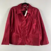 Chicos Shantung Shiny Jacket Top Size 2 US Large Claret Red Lined Snap Front