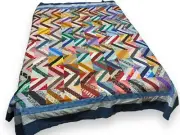 Scrappy Strips Quilt Top 84x96” Multicolor Machine Sewn Zig Zag Ditzy Stripes