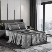 6 Piece Satin Italian Style Bed Sheet Set Deep Pocket Stripes 1800 King Grey