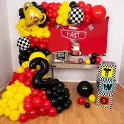 Car Garland And Arch Kit Perfect For Lightning Mcqueen Racing Themed Birthday Parties - Including Black Red And Yellow Balloons