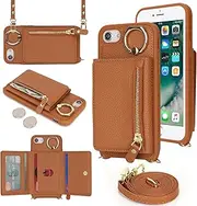 SunYoo for iPhone SE 2022 / SE 2020 Crossbody Case with Card Holders Money Slots Zipper Coin Purse Rotatable Ring Kickstand Cover Wristlet Strap Lanyard Litchi Leather Wallet for iPhone 8 7 Brown