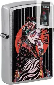 Zippo 08262 Japanese Geisha Girl Street Chrome Lighter + FLINT PACK