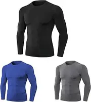[Pongnas] Men's Compression Shirts 3pcs Pack, Quick Dry Workout for Gym, Running, Yoga with Long Sleeve T Shirts, Tight Fit