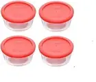 (4) 7201 4-Cup Glass Bowls & (4) 7201-PC Red Plastic Lid Covers Made in the USA
