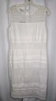 NWT Monsoon Linen Sheath Dress US8 White Eyelet Lace & Pleat Panels Lined Sheer