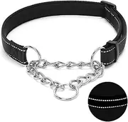 Martingale Dog Collar with Stainless Steel Chain, Adjustable Soft Padded Nylon Reflective Collar, No Pull Heavy Duty Chain Walking Training Colllars for Large, Medium, Small Dogs(Black, 10.6" - 15.7")