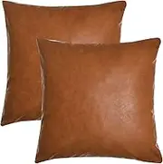 Tosewever Faux Leather Throw Pillow Covers, 18 x 18 inch Set of 2 Luxury Cognac Brown Modern Pillowcases Solid Decorative Square Cushion Cases for Bedroom Living Room Couch Bed Sofa (Brown, 18" x 18")