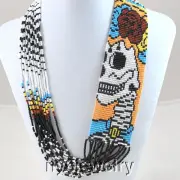 Pleasing! Hand Seed Bead Blue/ yellow/White Beaded Skull Necklacet