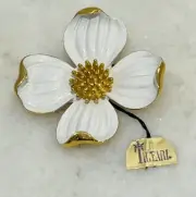 Trifari White Enamel Dogwood Flower Pin Brooch 1.75" w Tag