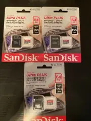 Three Sandisk Ultra Plus 64GB Speed 130MBs MicroSDXC UHS-I Card with Adapter