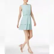 CYNTHIA ROWLEY Embellished Jewel Aqua Sleeveless Above The Knee Tiered Dress S
