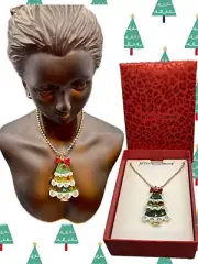 Betsey Johnson Glitter & Crystal Xmas Tree Moveable Parts Beaded Chain Necklace